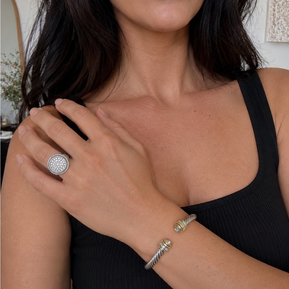 Classic Twisted Cable Cuff Bracelet Gold Accents Silver Gold Crystal Ring Set